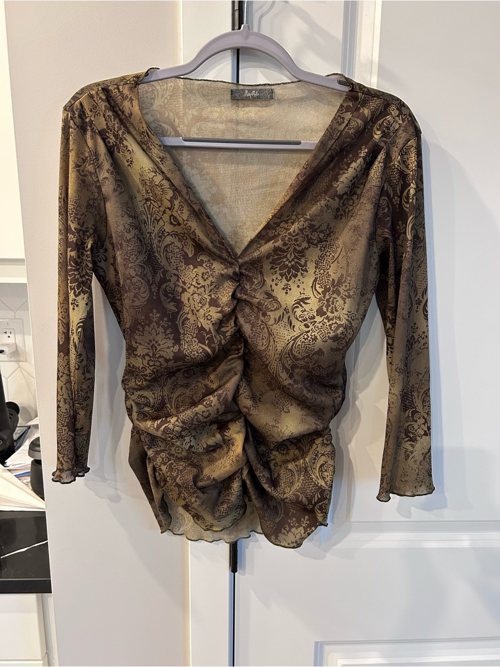 Nally & Millie Paisley Mesh Sheer Blouse Long Sleeve Stretch Top Boho Earthy